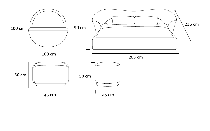نقشه ابعاد سرویس خواب سوآن | Swan Bedroom Set dimensions