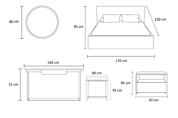 نقشه ابعاد سرویس خواب اچ و چارم | H + Charm Bedroom Set dimensions