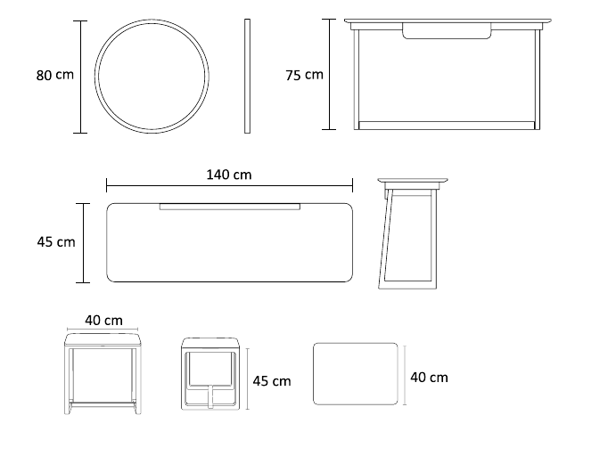 نقشه ابعاد ست میز آرایش چارم و تن | Charm + Tan Dressing Table Set dimensions