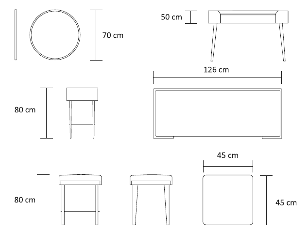 نقشه ابعاد ست میز آرایش نچرال | Natural Dressing Table Set dimensions