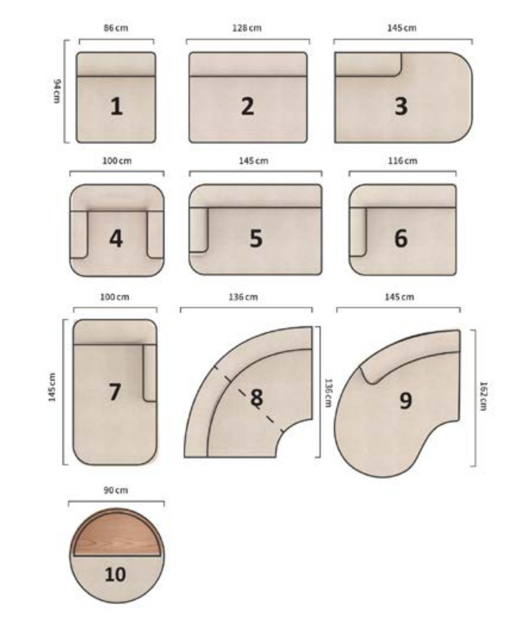 نقشه ابعاد مبل مدولار نست | Nest Modular Sofa dimensions